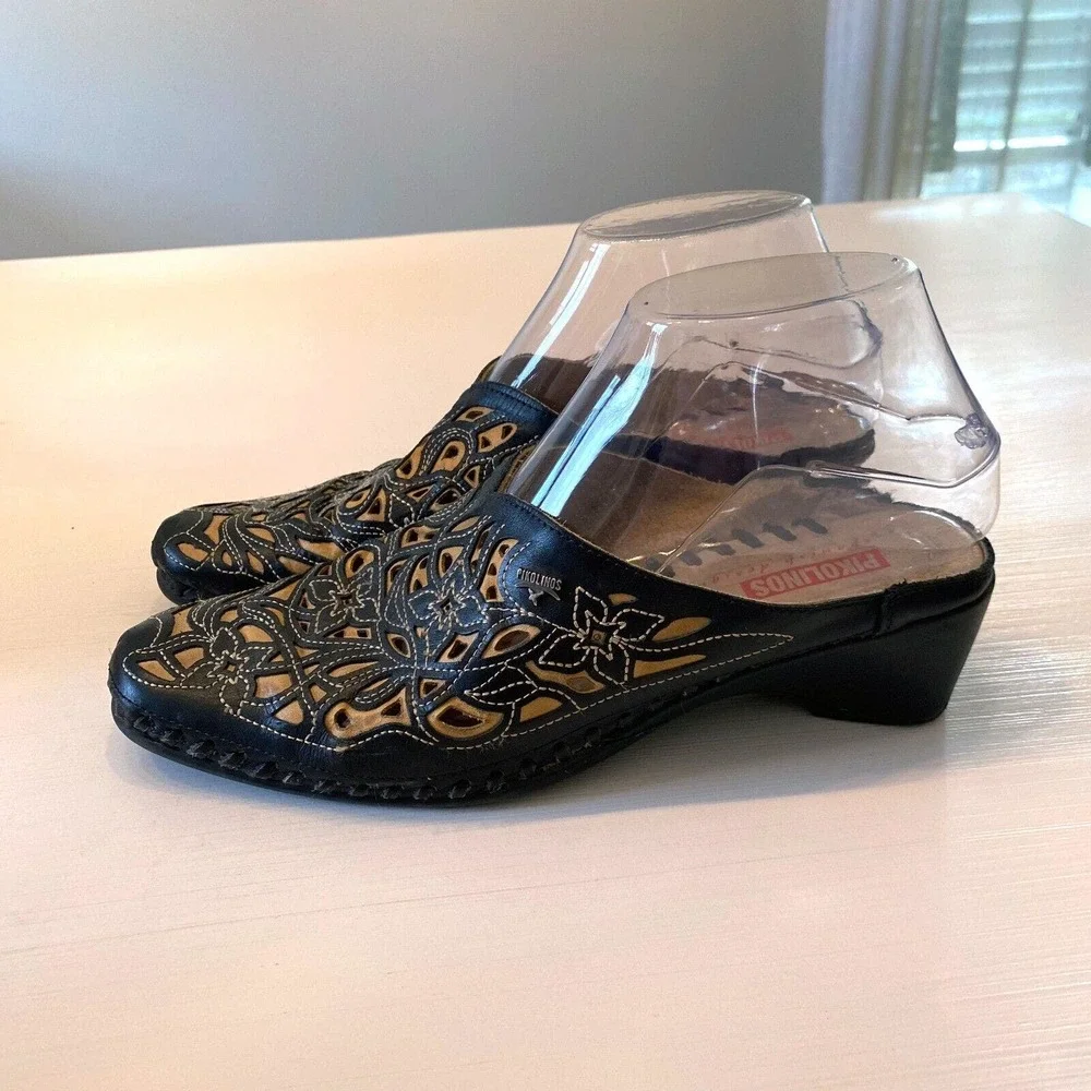 Pikolinos‎ Leather Mules Laser Cut Shoes Made Spain Slide Women's Size 37 US 6.5